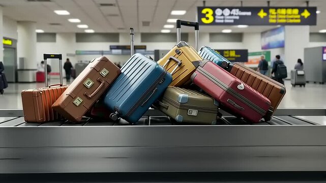 Colorful luggage stacked on a baggage carousel at airport