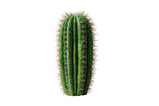 Close-up of a vibrant green cactus, vertically oriented, with prominent ribs and numerous fine spines