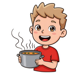 Cartoon Illustration Of A Smiling Boy Holding A Pot Of Soup On Transparent Background