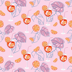 Aperol Spritz Cocktail seamless pattern. Tropical background with glass of refreshing drink, orange slices, Monstera leaves. Flat design colorful hand drawn vector illustration.
