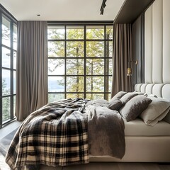 Luxury bedroom interior design, double bed with plaid blanket. Mock up with copy space