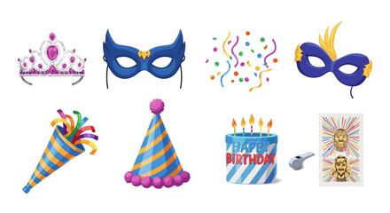 Colorful celebration elements showcasing party decorations isolated against white background