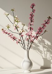 Elegant White Vase with Blooming Dogwood and Cherry Blossoms Against White Wall - Floral Display