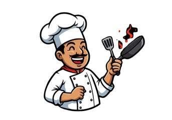 Cartoon Illustration Of A Happy Chef Holding Pan With Fire On Transparent Background