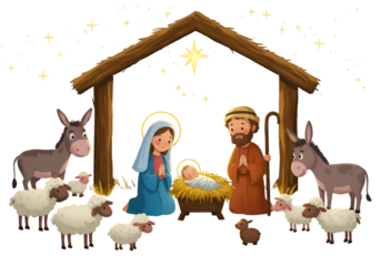 Christmas Nativity Illustration With Jesus Mary Joseph Donkey Sheep And Star