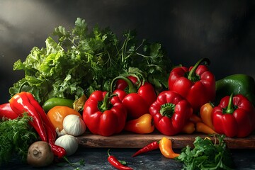 Vivid Vegetable Still Life Red Peppers, Herbs, Garlic, & Mushroom on Rustic Dark Tabletop
