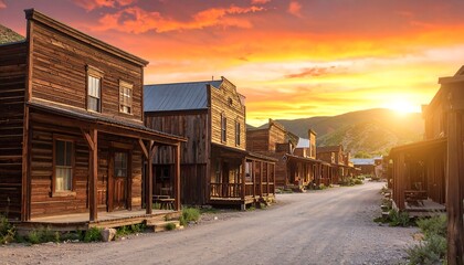 Obraz premium Wooden buildings line a dusty road at sunset