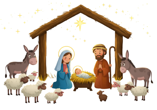 Christmas Nativity Illustration With Jesus Mary Joseph Donkey Sheep And Star