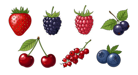 Delicious assortment of colorful, fresh berries and cherries illustration.