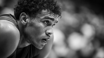 Exhausted basketball player sweating during a game in front of crowd