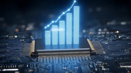 Circuit Board Displaying a Glowing Graph with Rising Bars Representing Technology Advancement and Business Success on Dark Blue Background - Powered by Adobe