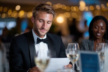 A sophisticated man peruses a menu at a beautifully set dinner table, enjoying an elegant evening filled with fine dining, conversation, and pleasant companionship.