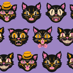 Halloween Cat portraits. Different faces, emotions. Retro, vintage, traditional tattoo style. Hand drawn trendy Vector illustration. Square seamless Pattern, background, wallpaper