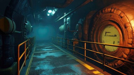 Dystopian Industrial Chamber with Wet Grate Walkway and Dramatic Dual Lighting