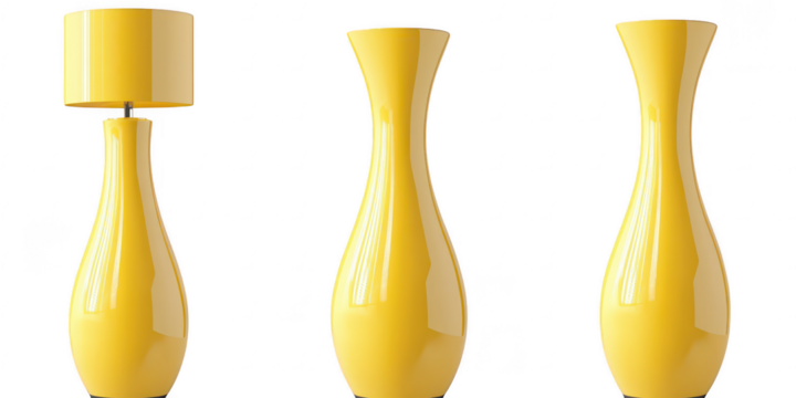 Yellow vases and lamp composition on transparent png background