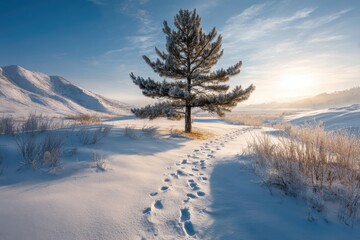 Fototapeta premium Tranquil pine tree in snowy landscape with footsteps - serene winter wonderland scene for nature lovers and outdoor enthusiasts