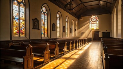 Fototapeta premium Sunlight streams through stained glass windows in an empty church