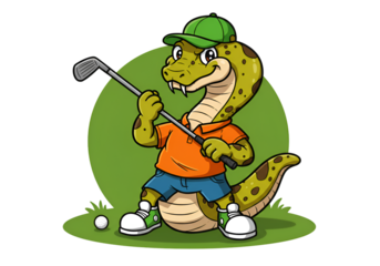 Cartoon Illustration Snake Character Playing Golf on Transparent Background