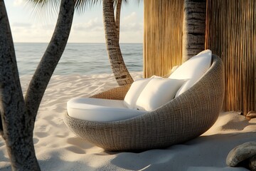 Wicker Lounge Chair with White Cushions on Beach Sand Near Palm Trees and Ocean