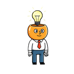 Cartoon Illustration Of A Brain Idea With Yellow Lightbulb On A Black Background