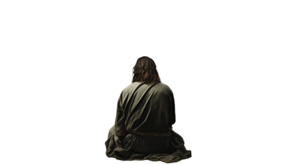 Jesus praying in the Garden of Olives back view spiritual scene with night sky and emotional devotion concept isolated on white background