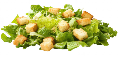 Caesar salad with croutons close up on transparent png background