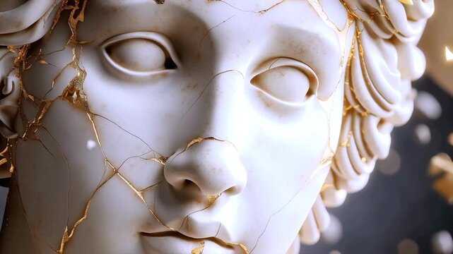 Marble Apollo bust cracking, golden particles drifting around sculptural surface, revealing delicate fragmentation against deep shadowy backdrop