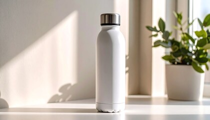 Minimalist white water bottle with stainless steel cap, bathed in soft sunlight near a potted plant