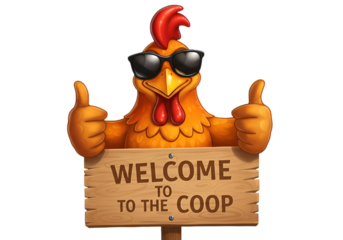 Cheerful Cartoon Chicken with Welcome Sign and Thumbs Up Illustration