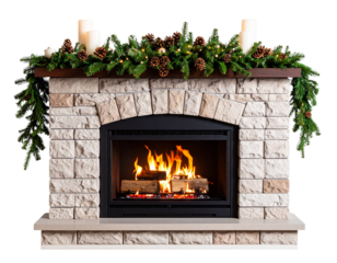 Rustic Stone Christmas Fireplace with Garland and Pinecones, Side Angle, Transparent Background