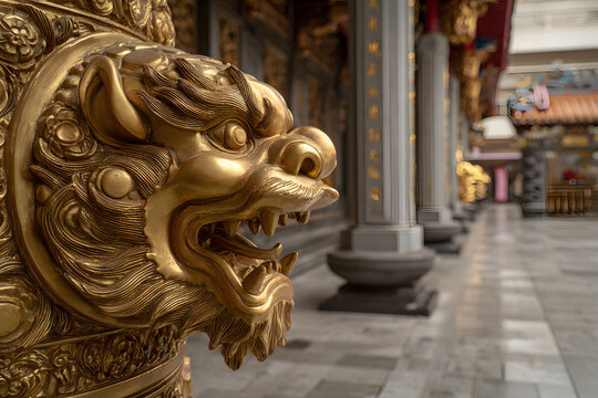 Close Up of Golden Lion Statue in Asian Temple Interior