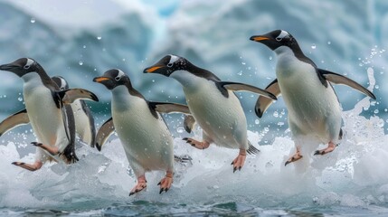 Fototapeta premium Gentoo penguins leaping over waves