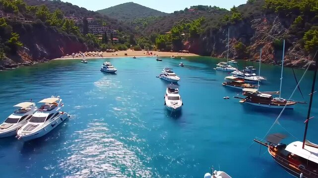 Aerial view of a vibrant blue bay with yachts and a sandy beach framed by green hills