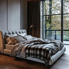 Luxury bedroom with a large bed and a large window. Mock up with copy space