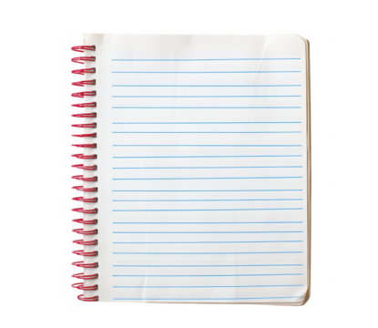 Close up view of an open lined spiral notebook with red binding on a transparent background