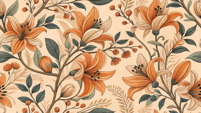 Seamless pattern illustration of Butea monosperma flower, high resolution, pastel orange background. Designed for printing on fabric or wallpaper.