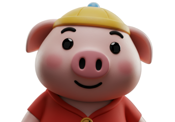 Cute 3D Rendered Cartoon Piglet Smiling With Yellow Cap Isolated