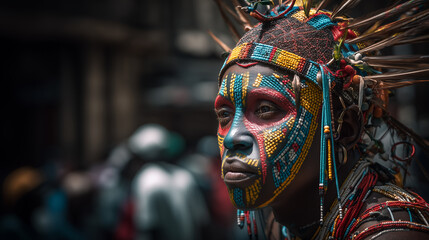 Traditional Tribal Makeup and Costume at MassKara Festival Representing Cultural Roots and Artistic Expression