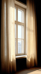 Fototapeta premium Soft sunlight filters through beige curtains on bright window