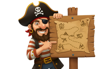 Cartoon Pirate Illustration Shows a Treasure Map on a Wooden Sign Isolated