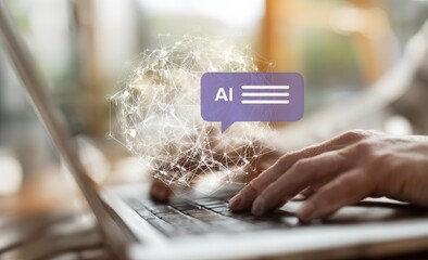 Hands typing on a laptop with an AI message graphic overlay