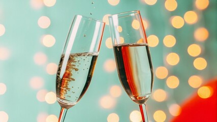 Two champagne flutes clink together, celebrating a special occasion with bubbly.