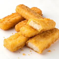 Crispy fish fingers isolated on a white background.