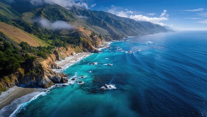 Coastal cliffs meet a turquoise sea. Dramatic mountain range, with fog and clouds, meets a sandy beach