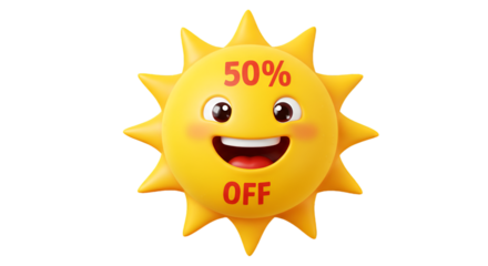 Cartoon Smiling Sun With Fifty Percent Off Offer Isolated on Transparent Background