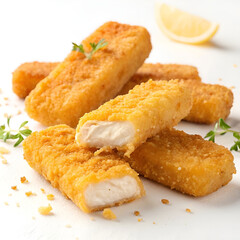 Crispy fish fingers isolated on a white background.