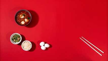 Overhead shot of a bowl of noodles, two side dishes, eggs, and chopsticks arranged on a vibrant red surface.