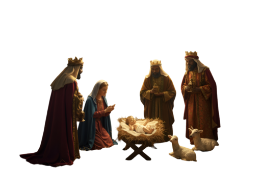 Christmas Nativity Illustration With Jesus Mary Joseph Wise Men And Lambs