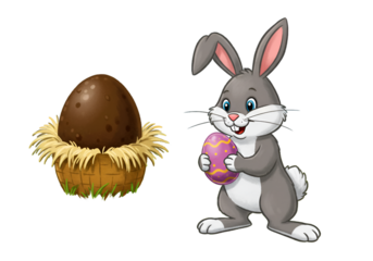 Cute Cartoon Bunny Holds Colorful Easter Egg On Isolated Transparent Background