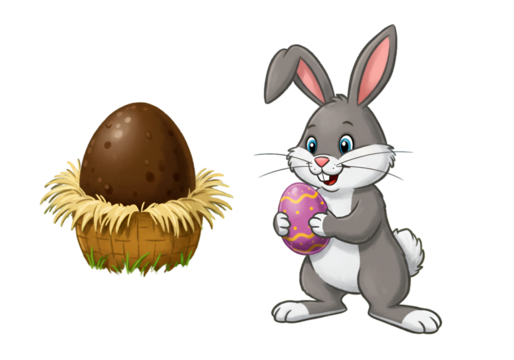 Cute Cartoon Bunny Holds Colorful Easter Egg On Isolated Transparent Background